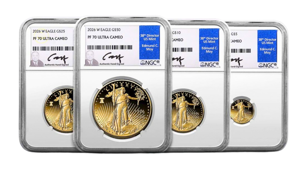 The 2026 Gold American Eagle Coins showing different face values